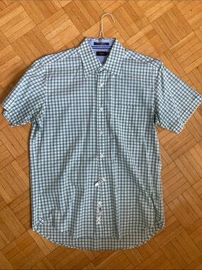 Cotton Green and White Plaid Short-Sleeve Button-Down Shirt